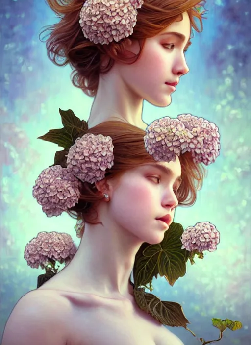 Image similar to realistic photographic perfect portrait of a anthropomorphic hydrangea blossom, fantasy, wind blowing hair, intricate, elegant, highly detailed, digital painting, artstation, concept art, smooth, super sharp focus, illustration, art by artgerm and h r giger and alphonse mucha