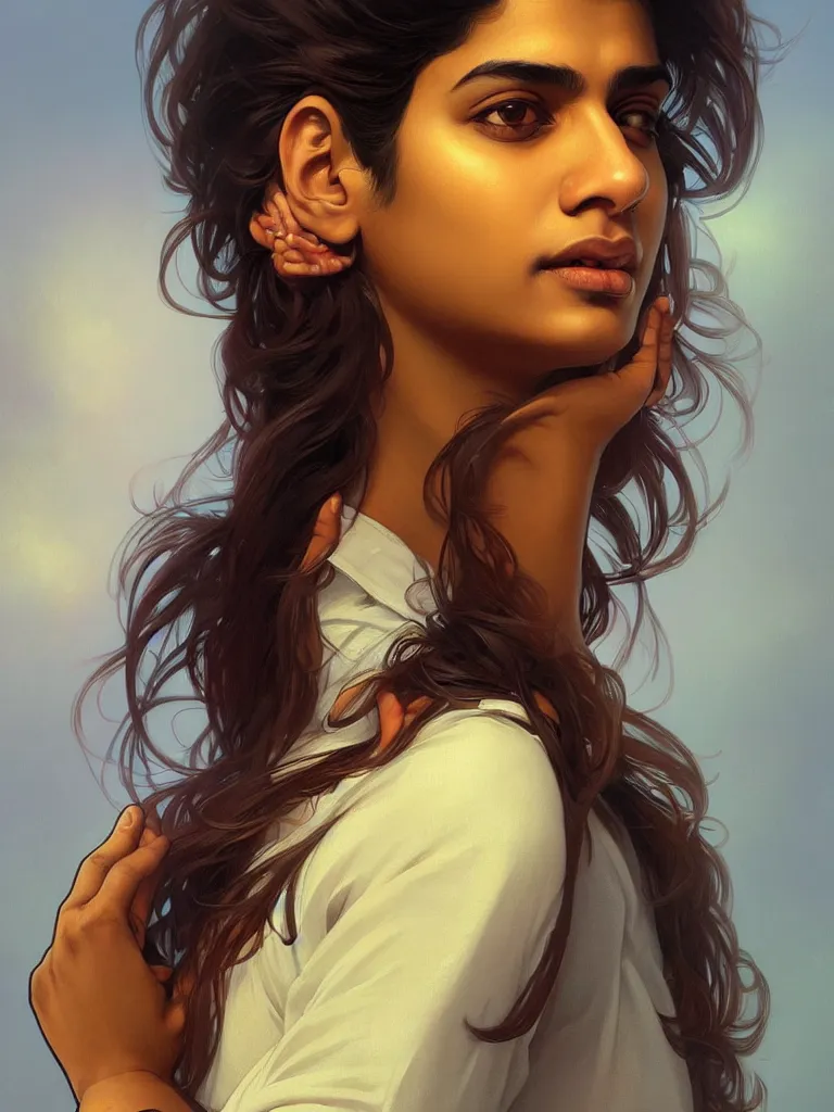 Image similar to Anxious pretty young Indian doctor wearing jeans leaving a plane, portrait, sci-fi face, elegant, highly detailed, digital painting, artstation, concept art, smooth, sharp focus, illustration, art by artgerm and greg rutkowski and alphonse mucha