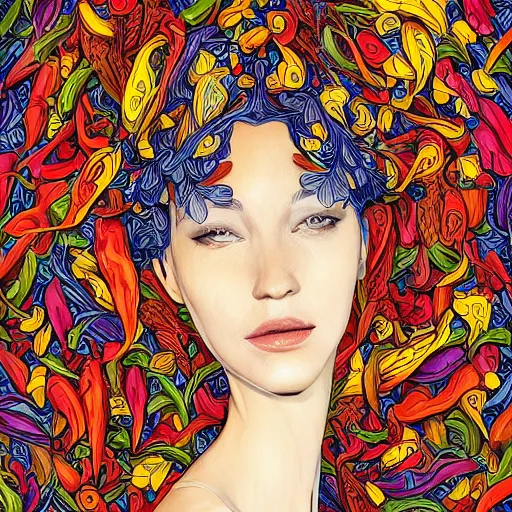 Image similar to the portrait of a beautiful and elegant young woman made up of peppers, an ultrafine detailed illustration by james jean, intricate linework, bright colors, final fantasy, behance contest winner, vanitas, angular, altermodern, unreal engine 5 highly rendered, global illumination, radiant light, detailed and intricate environment