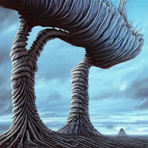Image similar to a normal doorway leading to an endless twisting inverted nightmare landscape, rhads!, strange trees and clouds, ( h. r. giger )
