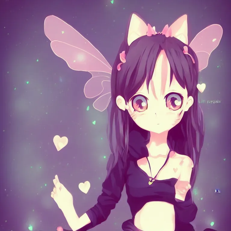 Image similar to cute, full body, female, anime style, a cat girl with fairy wings, large eyes, beautiful lighting, sharp focus, simple background, creative, heart effects, filters applied, illustration, trending on artstation