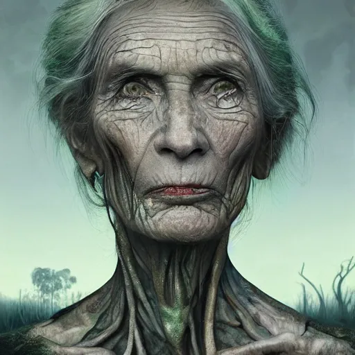 Prompt: fantasy portrait of an emaciated yet energetic old woman with silky, cloudy grey hair, black scars on her face, swamp vegetation in the background, nocturnal palette, art by greg rutowski, raphael lacoste, eddie mendoza, 4 k oil linen, soft green lighting