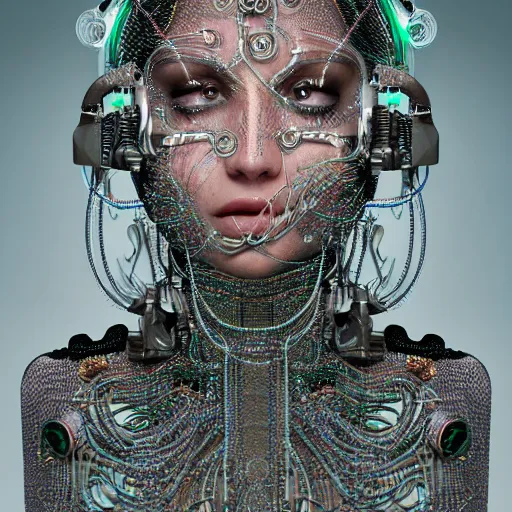 Image similar to woman integrating with technology, full face, insipiring, detailed intricate ornate cables connected to head, big open electric eyes, luxurious detailed abundent wiring and implants, diamonds, sci-fi, neon, emeralds, detailed technology full background, highly detailed, artstation, Rene Lalique and Eddie Mendoza