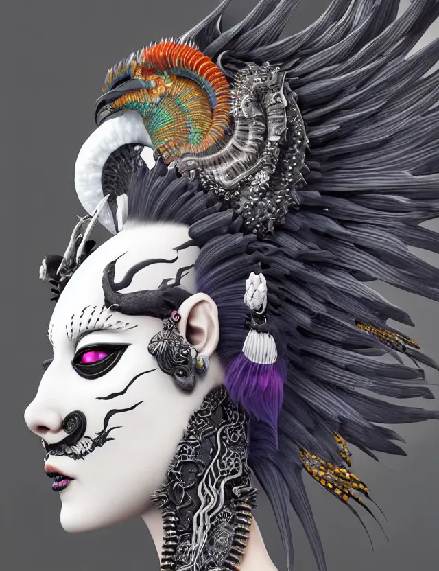 Image similar to 3 d goddess close - up profile portrait punk with mohawk with ram skull. beautiful intricately detailed japanese crow kitsune mask and clasical japanese kimono. betta fish, jellyfish phoenix, bio luminescent, plasma, ice, water, wind, creature, artwork by tooth wu and wlop and beeple and greg rutkowski