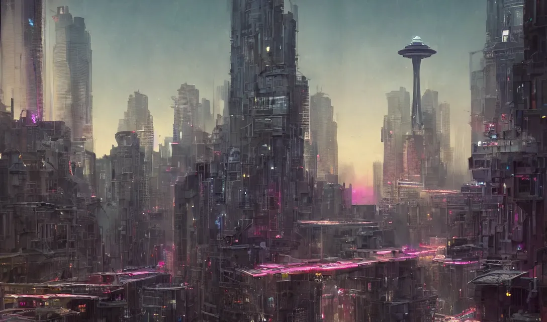 Prompt: Futuristic Seattle in the distance by Greg Rutkowski, chinooks flying across the skies, neon lights and blue hour, futuristic architecture concept, inspired by Stephan Martiniere and New York City, fantasy, digital art, professional illustration, realistic, ultra detailed, atmospheric, cinematic lighting, movie concept art, hyper detailed, insanely detailed, corona render, octane render, colorful redshift render, 8k