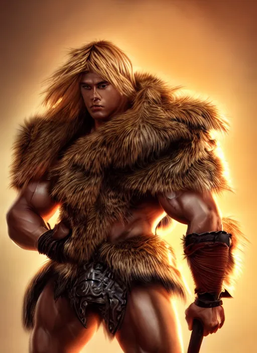 Image similar to barbarian, jackson wang, fierce, big muscles, large muscular chest, fur leather armor!!! handsome golden hair male!! character concept art, sharp focus, octane render! unreal engine 5! highly rendered!! trending on artstation!! detailed linework!! illustration by artgerm, wlop, and chie yoshii