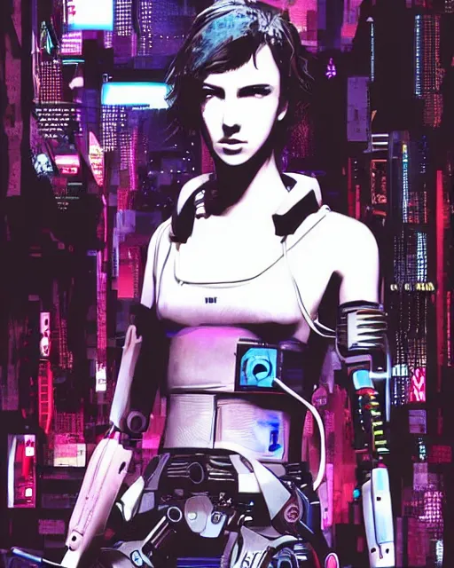 Image similar to cyberpunk millie bobby brown as a robot by yoji shinkawa