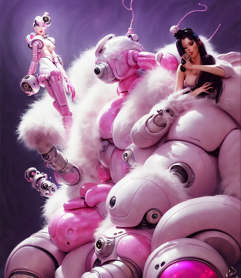Image similar to beautiful fantasy character portrait, wearing pink puffy bomber jacket with white fur, seductive reclining pose, futuristic robots sitting, ultra realistic, dramatic lighting, robots, the fifth element artifacts, highly detailed by peter mohrbacher, hajime sorayama, wayne barlowe, boris vallejo, aaron horkey, gaston bussiere, craig mullins