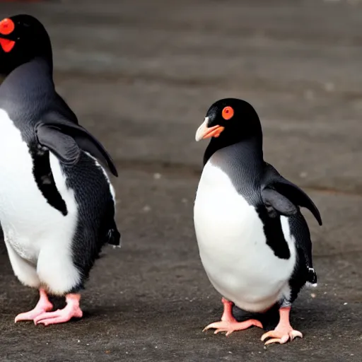 Prompt: a chicken, a penguin, a pigeon and a chicklet side by side