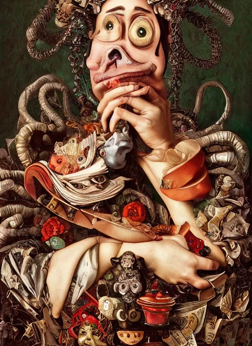 Image similar to detailed maximalist profile portrait a with large lips and eyes, exasperated expression, hd mixed media, 3 d collage, highly detailed and intricate, surreal illustration in the style of caravaggio, and todd schorr, dark art, baroque