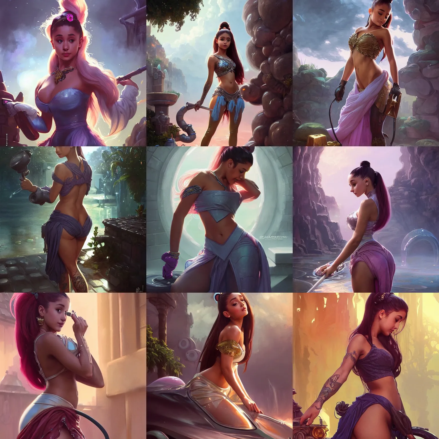 Prompt: ariana grande washing her car, full body shot, d & d, fantasy, intricate, highly detailed, digital painting, artstation, concept art, matte, sharp focus, illustration, hearthstone, art by artgerm and greg rutkowski and alphonse mucha