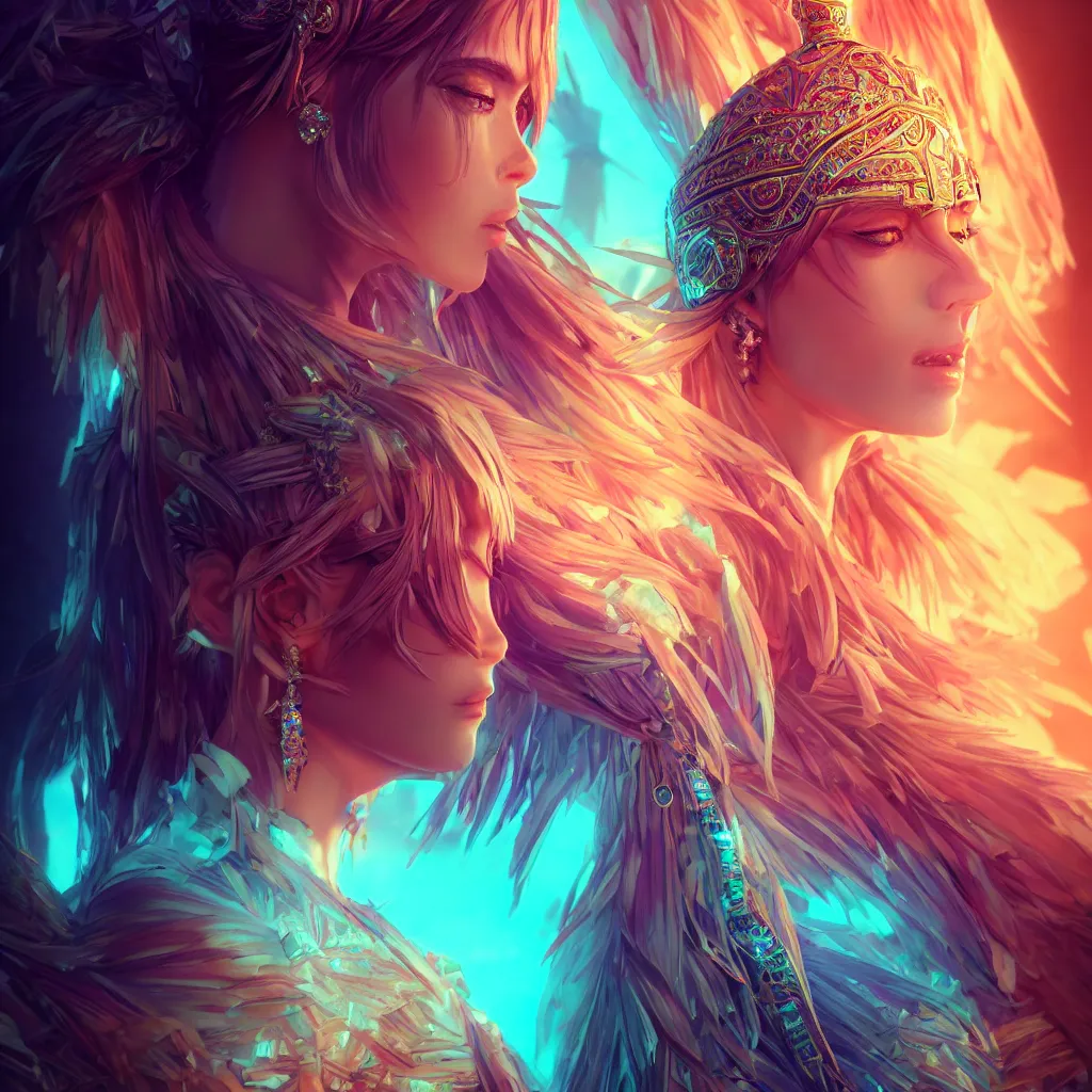 Image similar to portrait highly detailed beautiful symmetrical face high priestess intricate elegant detailed crystal jewellery with tribal feathers, lush colourful volumetric lighting, anime digital painting, concept art, smooth, sharp focus 3 d, divine realm of gods, realistic cinematic style, octane render, photographic, unreal engine 8 k