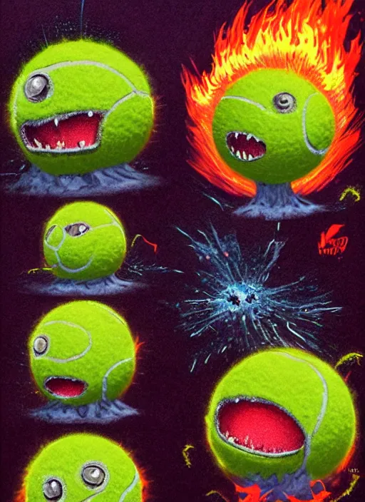 Image similar to tennis ball monsters playing tennis, a tennis ball monster ,tennis ball,amazing, lasers, explosions, fire, digital art, fantasy, magic, trending on artstation, ultra detailed, professional illustration,chalk, poster artwork by Basil Gogos , clean