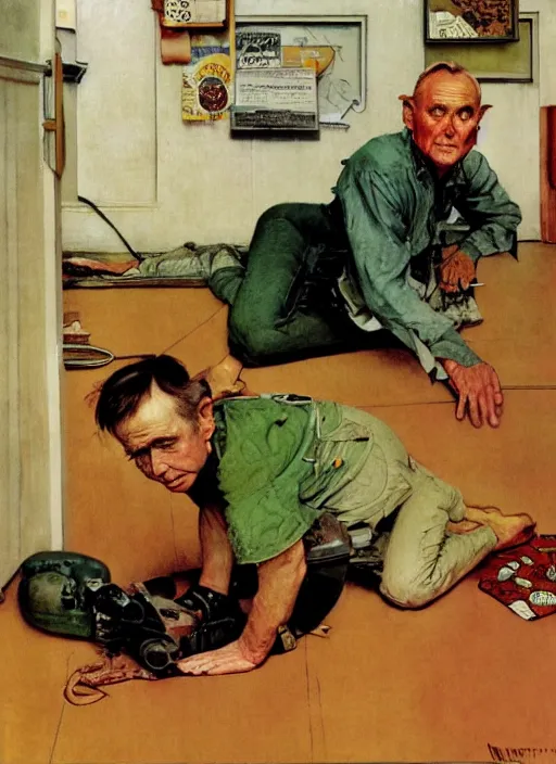 Prompt: dennis hopper crawling around on the floor of a dingy apartment, painted by norman rockwell and frank schoonover, green, dystopian