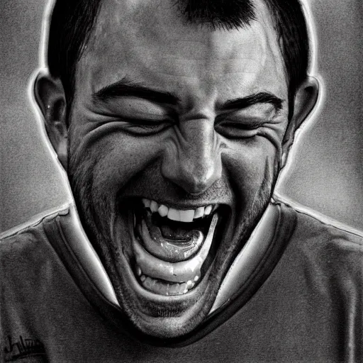 Prompt: Joe Rogan laughing wildly, single subject, portrait, intricate, highly detailed, concept art, smooth, sharp focus, pencil art