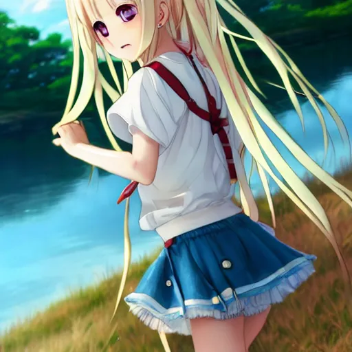 Prompt: a very beautiful anime girl, full body, long golden hair, sky blue eyes, full round face, short smile, mini jeans skirt, cute top, lake summer setting, cinematic lighting, medium shot, mid-shot, highly detailed, trending on Artstation, Unreal Engine 4k, cinematic wallpaper by Stanley Artgerm Lau, WLOP, Rossdraws, James Jean, Andrei Riabovitchev, Marc Simonetti, and Sakimichan