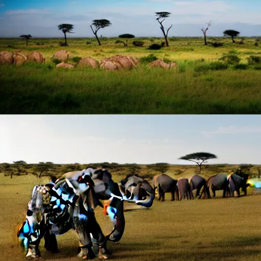 Image similar to a highly detailed panoramic photo by annie leibowitz of the serengeti, with in the background a headless elephant. 8 k, super resolution