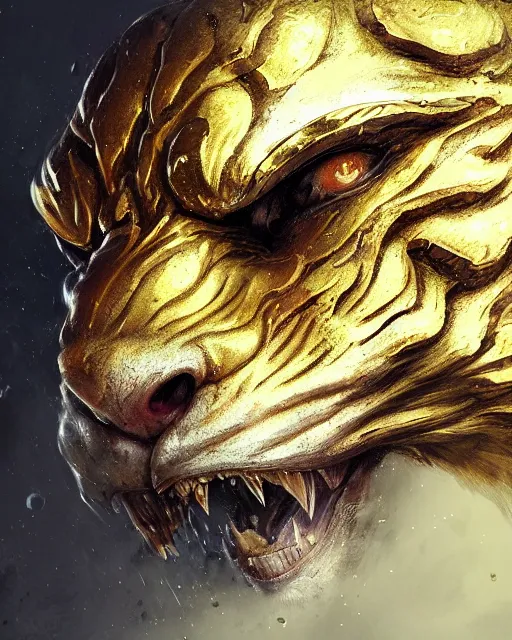 Image similar to A golden tiger resting, dragon body, highly detailed face, close-up, fantasy art, monster art, in the style of greg rutkowski, illustration, epic, fantasy, intricate, hyper detailed, artstation, concept art, smooth, sharp focus, ray tracing