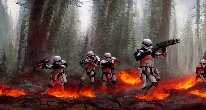 Prompt: imperial stormtroopers shooting red blaster bolts in barren lifeless forest with burned trees concept art by Doug Chiang cinematic, realistic painting, high definition,very detailed, extremely high detail, photo realistic, concept art, unreal engine 5, the Mandalorian concept art style