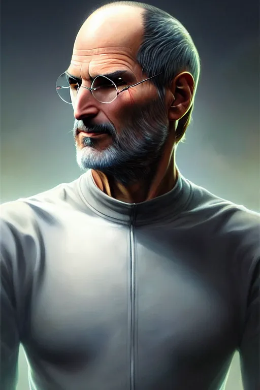 Image similar to ultra realistic illustration, steve jobs, sci - fi, fantasy, intricate, elegant, highly detailed, digital painting, artstation, concept art, smooth, sharp focus, illustration, art by artgerm and greg rutkowski and alphonse mucha