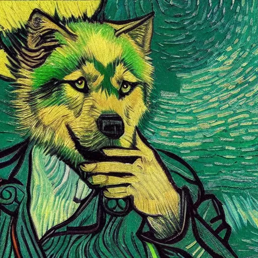 Image similar to green wolf, style of van gogh