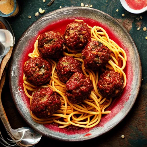 Image similar to food photography of nuclear spaghetti and meatballs