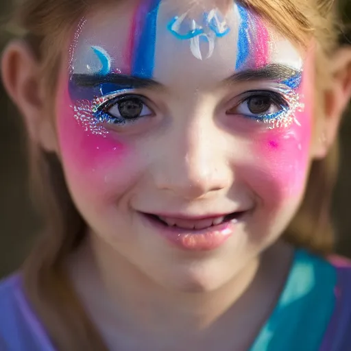 Image similar to a portrait of a girl who has face - painting like a abstract object smiling creepily. depth of field. lens flare