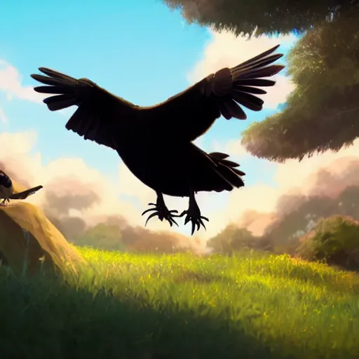 Image similar to a wholesome animation key shot of a crow on a hill, portrait shot, centered subject, studio ghibli, pixar and disney animation, sharp, rendered in unreal engine 5, anime key art by greg rutkowski, bloom, dramatic lighting