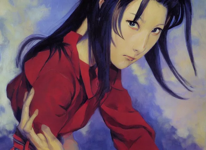 Image similar to a highly detailed beautiful portrait of misato katsuragi anime, by gregory manchess, james gurney, james jean