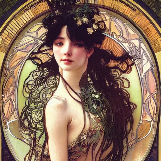 Prompt: realistic detailed painting of a dancer girl by Alphonse Mucha Ayami Kojima Amano Charlie Bowater HR Giger, masterpiece