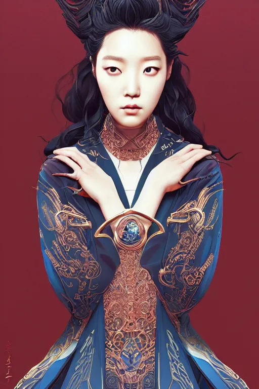 Image similar to Park Shin Hye as a super villain, luxurious, fantasy, intricate, elegant, highly detailed, digital painting, artstation, concept art, matte, sharp focus, illustration, art by WLOP and Hokusai and James Jean, masterpiece, Refined, upscaled