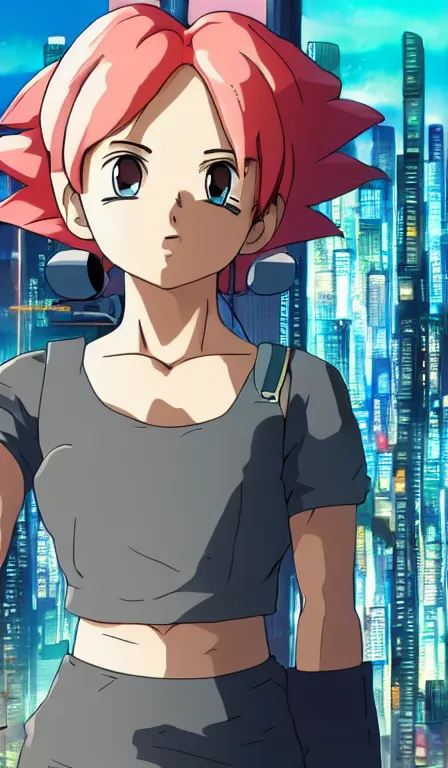 Image similar to anime fine details portrait of Bulma in front of cyberpunk moder city landscape on the background deep bokeh, close-up view, anime masterpiece by Studio Ghibli. 8k, sharp high quality anime, artstation