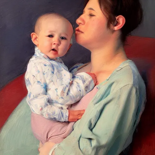 Prompt: pure love is patient love is kind, mother and child ; photorealistic oil painting by mary cassatt ; highly detailed cute faces by wlop ; trending on artstation ; 8 k high resolution, symmetrical, cinematic, high coherence, golden ratio, rule of thirds, perfectly centered ; anatomically correct faces