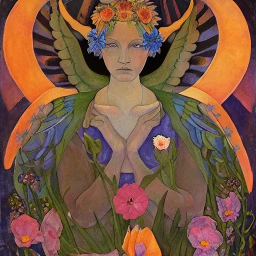 Image similar to the flower prince, by Annie Swynnerton and Nicholas Roerich and Diego Rivera, bioluminescent skin, floral tattoos, wings made out of flowers, elaborate costume, geometric ornament, symbolist, smooth, sharp focus, extremely detailed