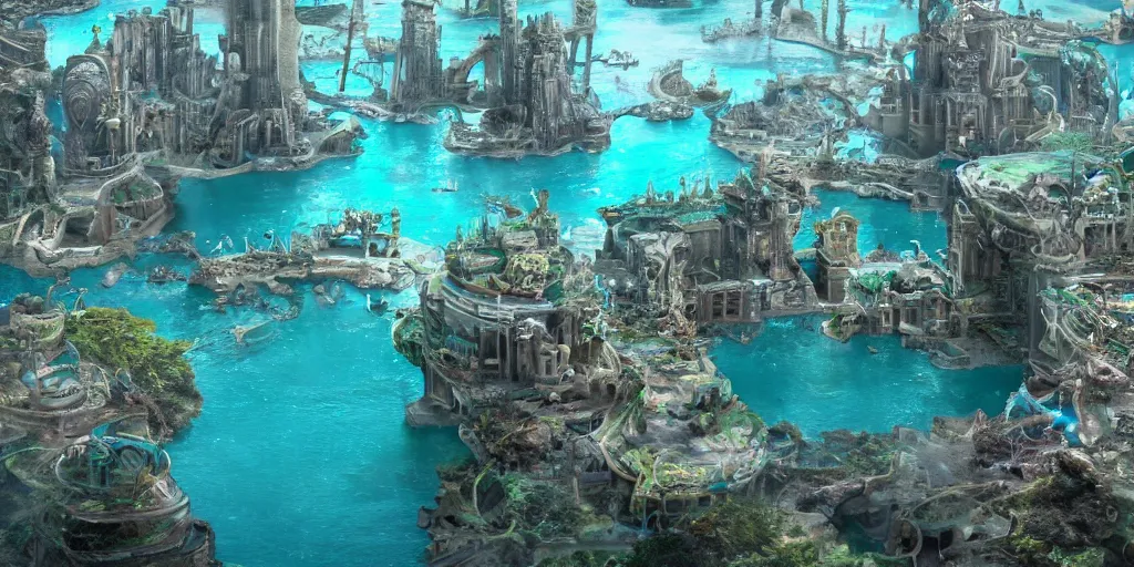 Image similar to Lost city of Atlantis surrounded by oil slick, Disney, hyper real, detailed, octane render, 8k,