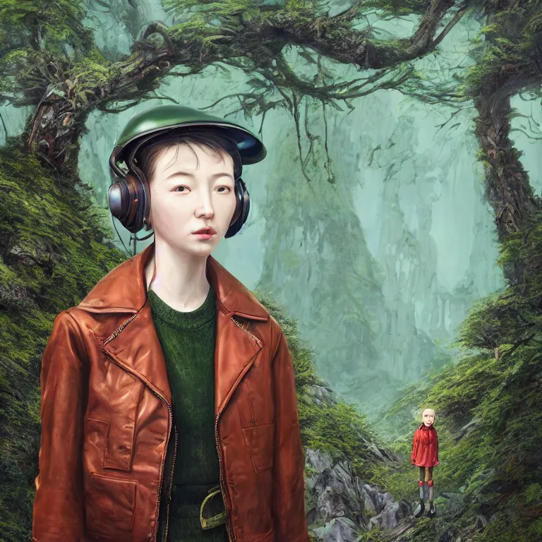 Prompt: highly detailed portrait of alone androgynous girl wearing bakelite leather jacket, bakelite rocky mountains, moss green japanese haunted forest background, by hsiao - ron cheng and artgerm, modular synthesizer helmet backpack, the grand budapest hotel, glow, no crop, digital art, artstation, pop art
