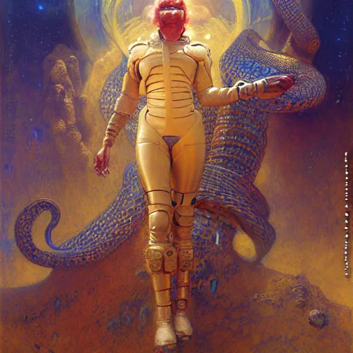 Image similar to portrait of a snake with human face wearing a space suit. shadowrun furaffiniy cyberpunk fantasy highly detailed painting by gaston bussiere craig mullins jc leyendecker gustav klimt artgerm greg rutkowski john berkey, bergey, craig mullins, ruan jia, raymond swanland, jeremy mann, tom lovell, alex malveda