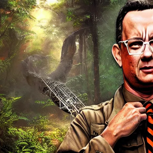 Prompt: Tom Hanks as forrest roasint a giant shrimp over a fire in the jungle, realistic digital painting, in the style of Aleksi Briclot, photoreailstic, realistic face, amazing detail, sharp