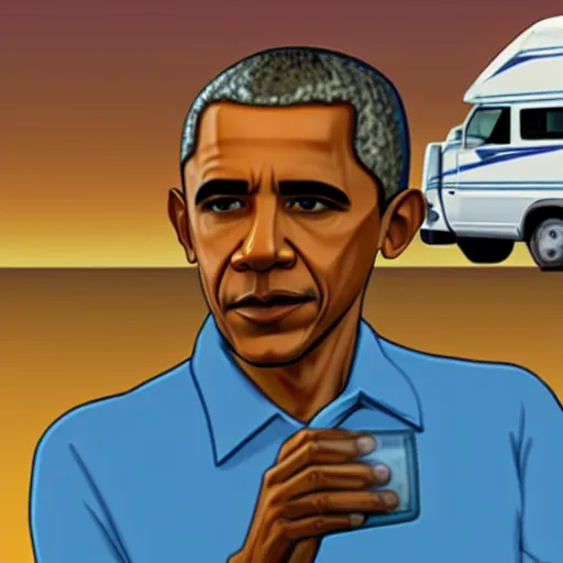 Image similar to obama holding a ziplock bag with baby blue meth, desert background, next to an rv, by stephen bliss, gta loading screen