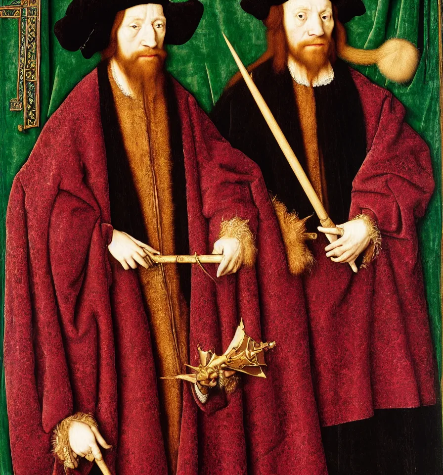 Image similar to painted portrait of a glorious wizard with a magic wand wearing a rich embroidered velvet cloak, 1 6 th century, hans holbein the younger, jan van eyck, gerit dou,