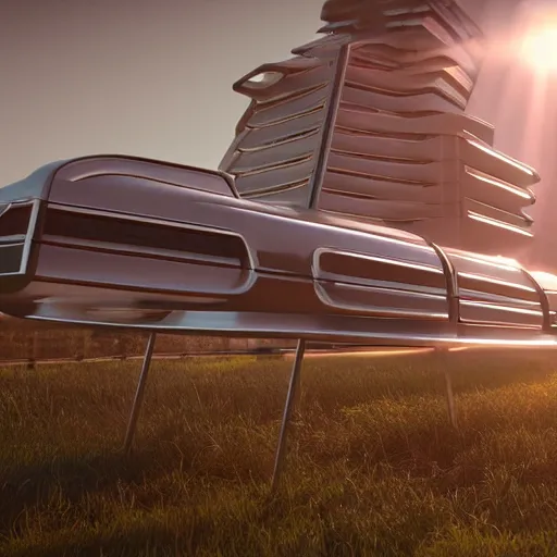 Image similar to high detailed photorealistic image of a retro Futurism inspired by Jacque Fresco. by Tim Razumovsky. sun rays shine upon it. mist. science. unreal engine. octane render