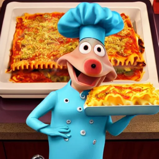 Prompt: pixar 3 d style cute platypus on a kitchen wearing a chef hat and holding a lasagna into an oven, pixar style, 3 d, ratatouille style