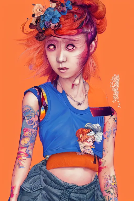 Image similar to a award winning half body portrait of a beautiful woman in a croptop and cargo pants with ombre orange blue teal hairstyle with head in motion and hair flying by yoshii chie and hikari shimoda and martine johanna and will eisner, outrun, vaporware, digital art, trending on artstation, highly detailed, fine detail, intricate