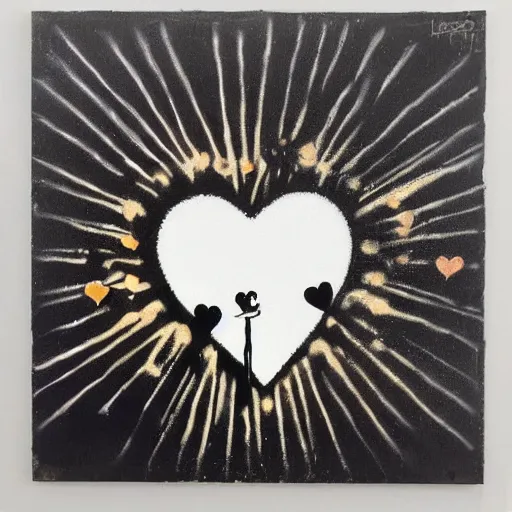 Prompt: exploding heart in several pieces, sadness, dark ambiance, by Banksy