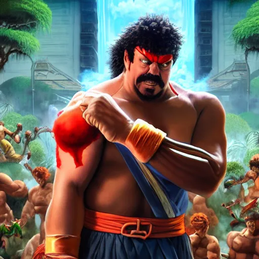 Image similar to danny mcbride as e. honda street fighter, japanese bathhouse background, ultra realistic, concept art, intricate details, highly detailed, photorealistic, octane render, 8 k, unreal engine, art by frank frazetta, simon bisley, brom