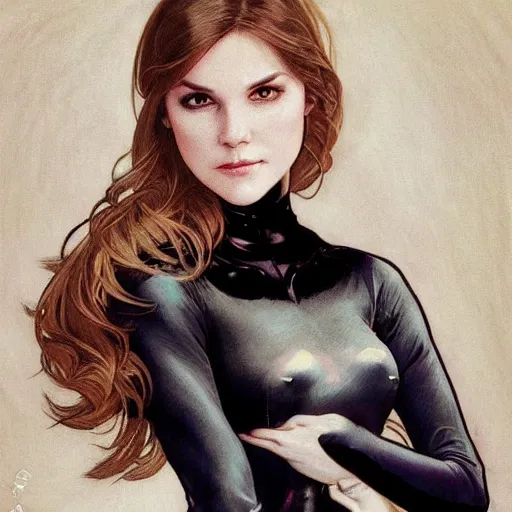 Image similar to Erin Moriarty as Cat Woman, highly detailed, digital painting, artstation, concept art, smooth, sharp focus, illustration, ArtStation, art by artgerm and greg rutkowski and alphonse mucha and J. C. Leyendecker and Edmund Blair Leighton and Katsuhiro Otomo and Geof Darrow and Phil hale and Ashley wood and Ilya repin and Charlie Bowater