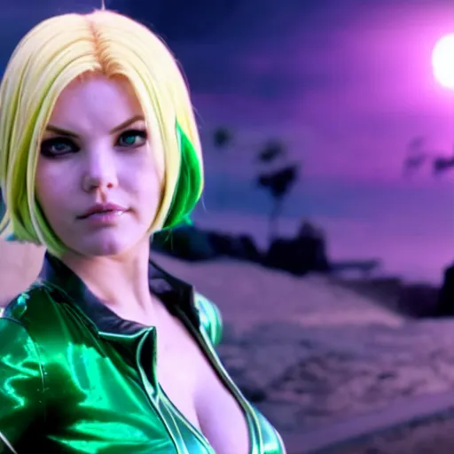 Image similar to cinematic scene with elisha cuthbert as jolyne from jojo's bizarre adventure, live action film, stone ocean, dramatic, small details, volumetric lighting, still frame