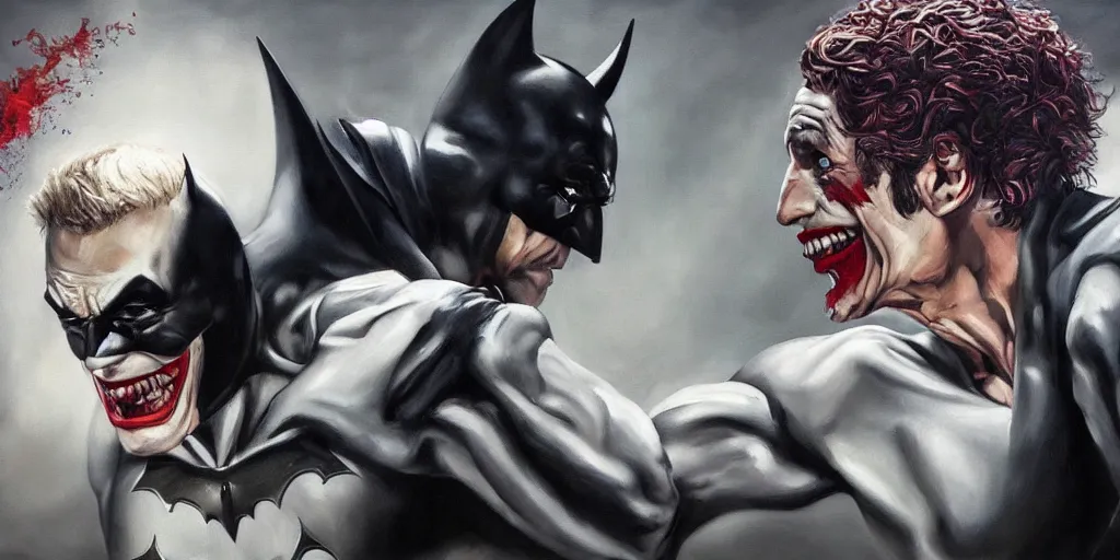 Prompt: a hyperrealistic oil painting of Batman fighting Joker; masterpiece, extremely highly detailed; ultra realistic; trending on artstation