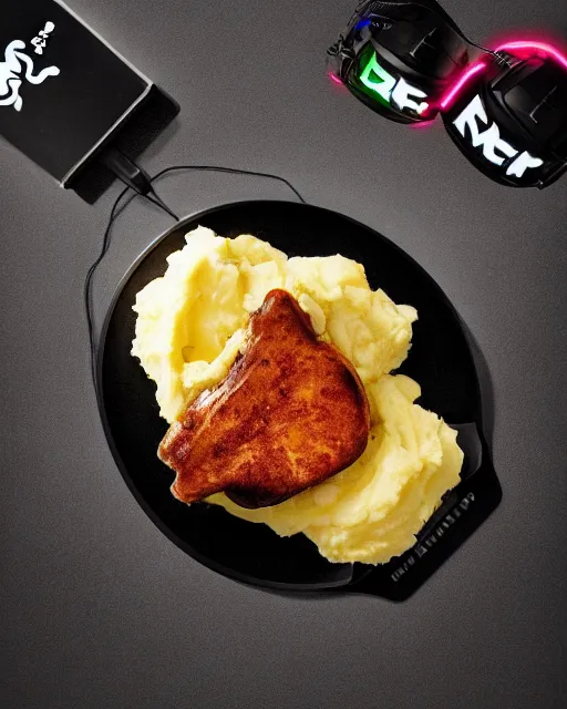 Prompt: gamer porkchops and mashed potatos on the new razer gaming LED plate, HD, trending on artstation, instagram post, LED