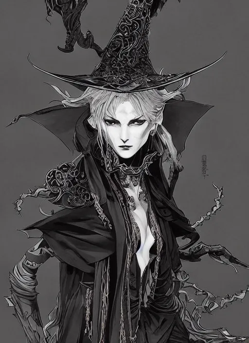 Image similar to beautiful human witch with blonde short curtly hair in intricate ornate witch robe, haughty evil look, witch hat. in style of yoji shinkawa and hyung - tae kim, trending on artstation, dark fantasy, great composition, concept art, highly detailed, dynamic pose.